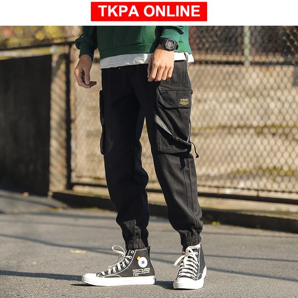 

men ribbons streetwear cargo pants 2020 overalls mens harajuku joggers pants hip hop korean sweatpants black trousers
