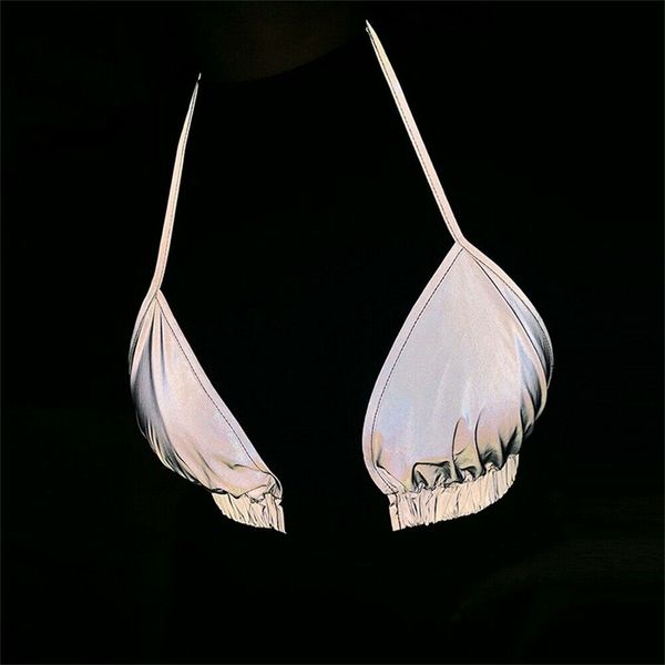 

hip hop summer women reflective bag buckles festival halter bralet bra bustier crop camisole, White