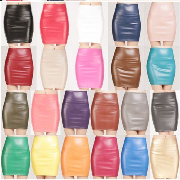 

new 2020 summer women ladies faux pu leather candy color skirt high waist fleece warm pencil mini bodycon stretchy skirts, Black;gray