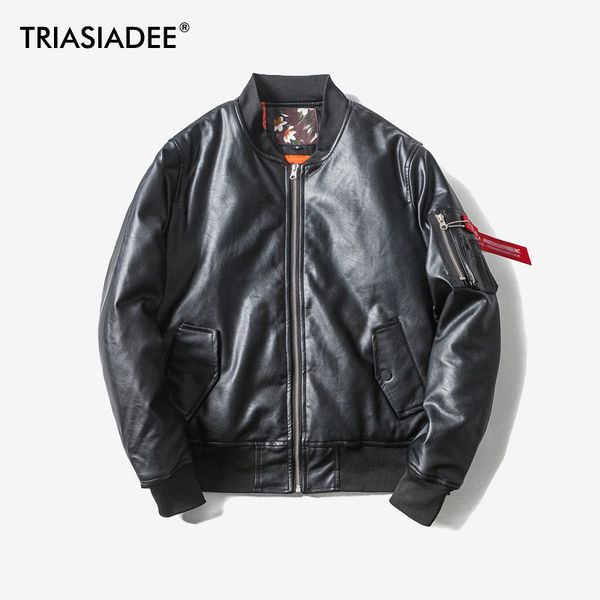 

triasiadee mens rock ma-1 bomber leather jacket motorcycle jackets leather blazers winter 2017, Black
