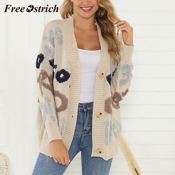 

ostrich women's fashion v-neck casual button long-sleeved sweater knit sweater loose letter embroidery cardigan new, White