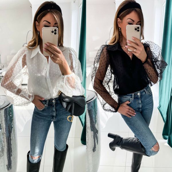 

women casual polka dot lantern sleeve yoga shirts loose transparent blouse, White;red