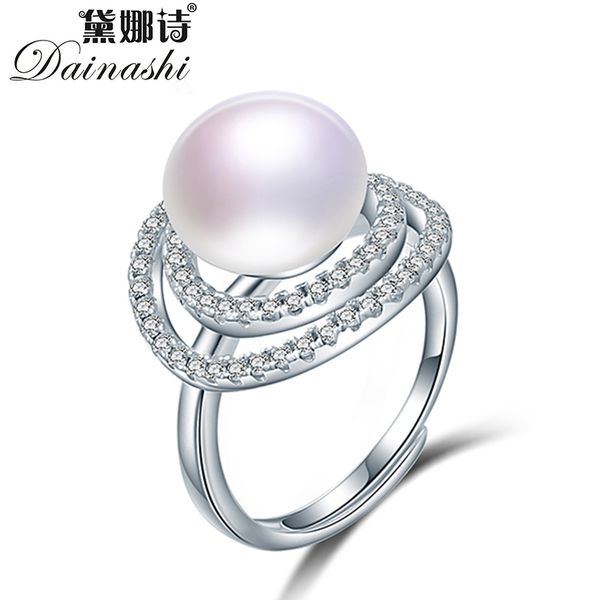 

dainashi gorgeous 925 sterling silver double layered zircon crystal adjustable ring 100% genuine freshwater cultured pearl ring, Golden;silver