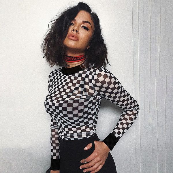 

new black white plaid checkerboard women shirts hollow out slim o-neck female shirt long sleeve tee casual shirts