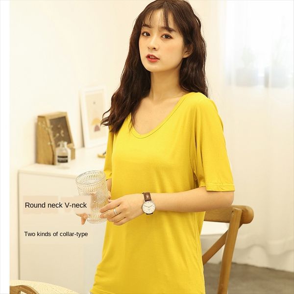 

2020 enlarged size female t-shirt round collar v-neck large edition short sleeve modal solid color, White