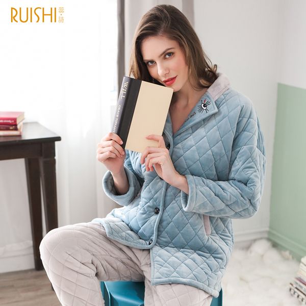 

j&q 2019 new pyjamas women winter thick velvet&cotton lapel embroidered eyes letters design fashion female winter home clothes, Blue;gray