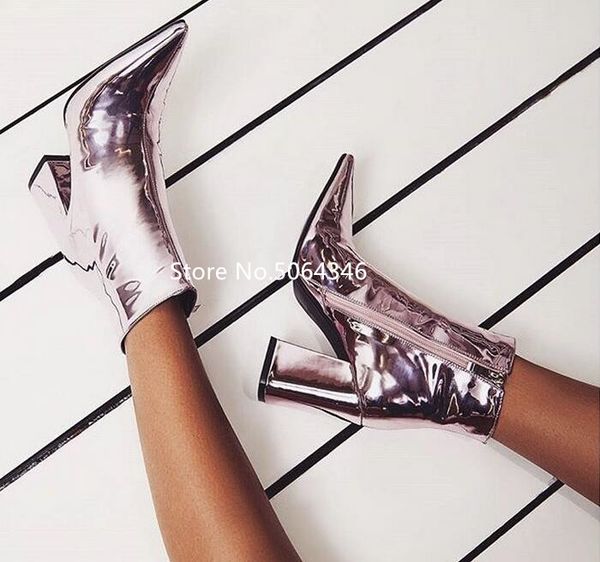 

shinny patent leather women ankle boots pointed toe side zip chunky heel fashion european boots woman, Black