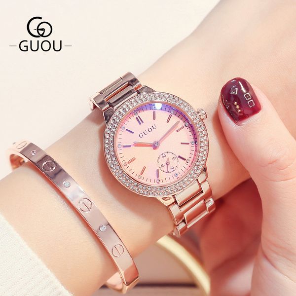 

guou ancient european fashion womens quartz watch atmosphere full diamond watch frame blueray mirror student waterproof steel belt watch, Slivery;brown