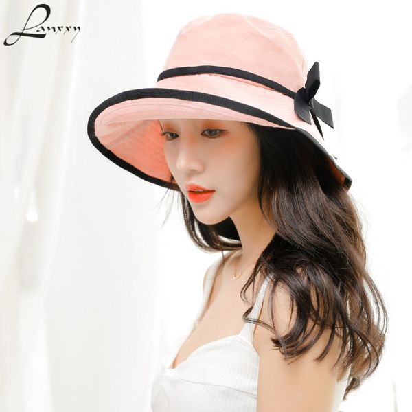 

lanxxy spring summer hat black bowknot bucket hats outdoor beach caps female fishing hat casual panama, Blue;gray