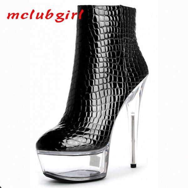 

mclubgirl 15cm super high heel club simple high and low boots four seasons grid pu short boot girl lyp-c-120-1, Black