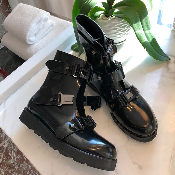 

buckle belt leather boots women thick platform ankle boots fashion motorcycle 2019 winter warm plush snow, Black