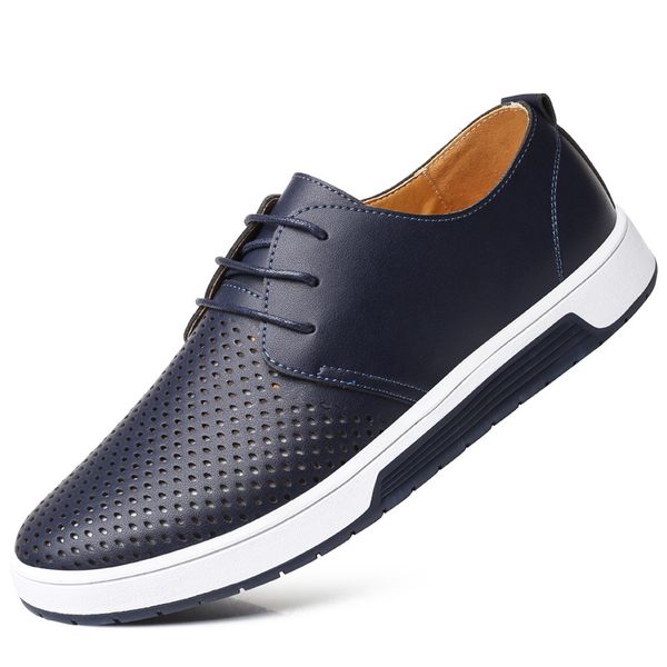 

men casual shoes brand leather shoes 2019 new breathable holes luxury italian style lace up round toe plus size, Black