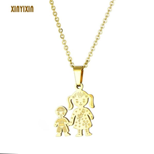 

cute girl and boy stainless steel gold pendant necklace for women couple mom and son family choker necklace valentine's day gift, Silver