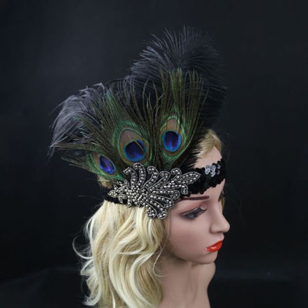 

fashionable female retro vintage black peacock feather headband diamante headpiece headdress handwear