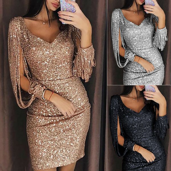 

fashion women sequin tassels bandage bodycon evening party club sheath mini dress sundress black silver rose red, Black;gray