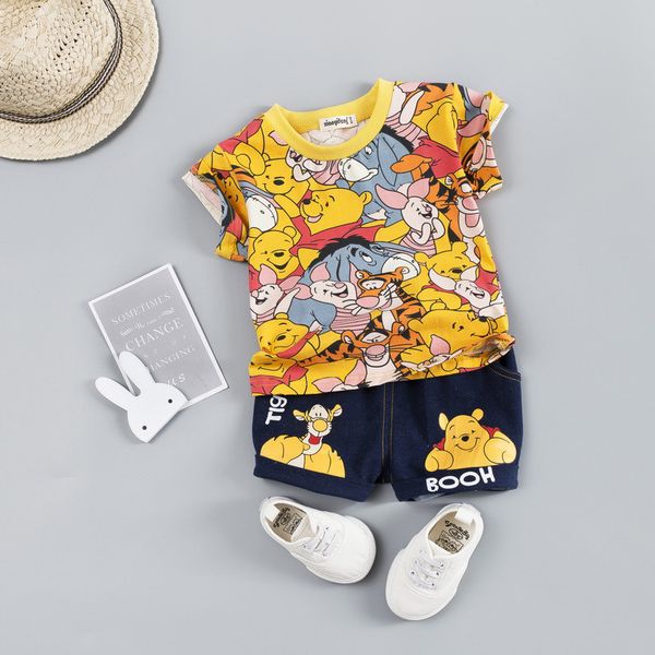 

baby new summer cotton short-sleeved shorts two-piece baby boy clothes cartoon bear cute bear printing casual sports suit, White