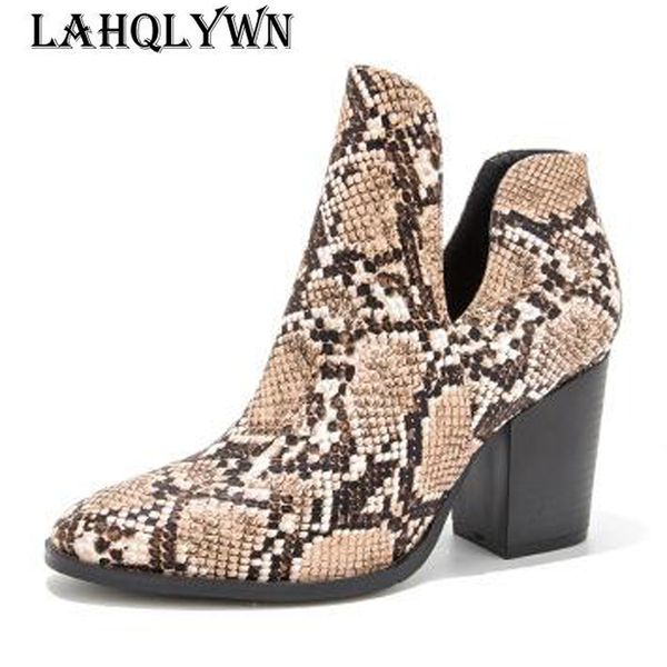 

motorcycle western cowboy boots women animal snake pattern pu leather high heels slip on cowgirl booties ankle botas shoesc471, Black