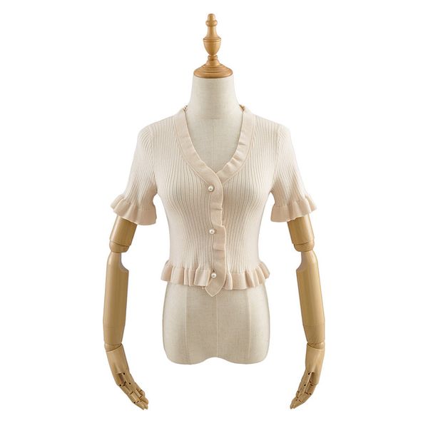 

women's tanks & camis of korea to cultivate morality v-neck falbala single pearl button hole knitting cardigan jacket with short sleeve, White