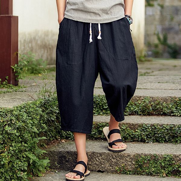 

men pants men's casual slim sports pants calf-length linen trousers hip hop baggy harem pant elastic waist summer fashion c0605, Black