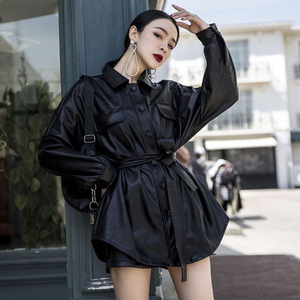 

oversize fashion loose pocket pu leather jacket women pocket large size long sleeve casual chic long leather coat with belt py80, Black