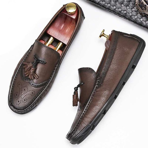 

2019 autumn new leather flat shoes men fashion british style soft and comfortable tassel decoration casual leather shoes, Black