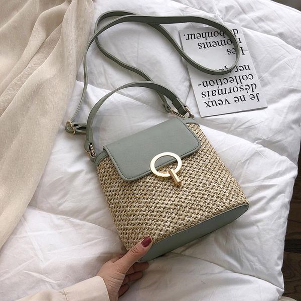 

vintage straw shoulder weaving bucket beach holiday bag women woven bucket flap beach summer totes handbags