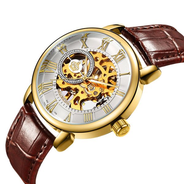 

orkina transparent golden case casual design brown leather strap mens watches mechanical skeleton watch, Slivery;brown