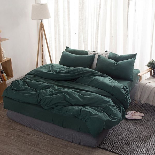 

home textile simple solid color green bedding sets 3/4pcs pink washed cotton polyester soft duvet cover bed linen pillowcases
