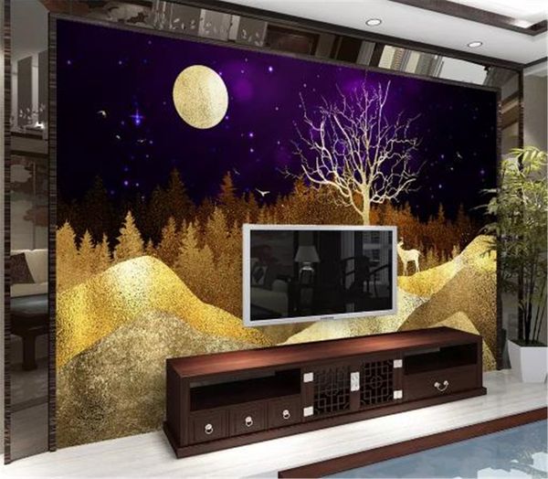 

3d wallpaper new chinese abstract golden landscape tree deer indoor tv background wall decoration mural wallpaper