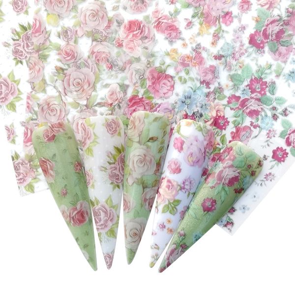 

wuf 5pcs 150mm nail art foils flowers rose leaf nail transfer stickers wraps for acrylic manicure decoration gel polish designs, Black