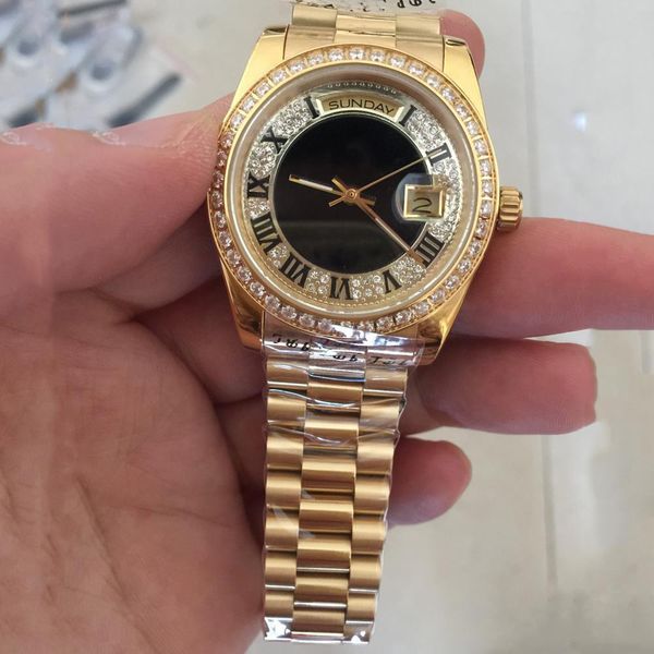 

mens watches new golden 18k gold men automatic watch full diamond face sapphire solid strap 36mm, Slivery;brown