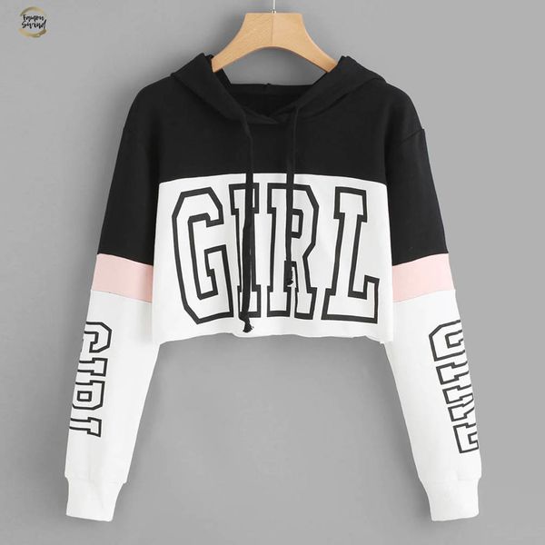 

harajuku толстовки толстовка женщины streetwear письмо crop top hoodie осень женщины мода одежда thin корейский moletom, Black