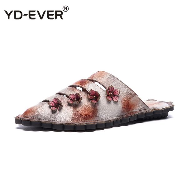 

summer women shoes genuine leather retro style slippers lady handmade flowers design cover toe causal flat shoes, Black