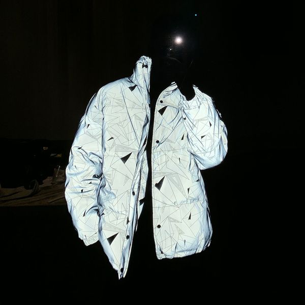 

2020 men's glossy reflective thick winter coat teen reflective printing collar jacket, Black