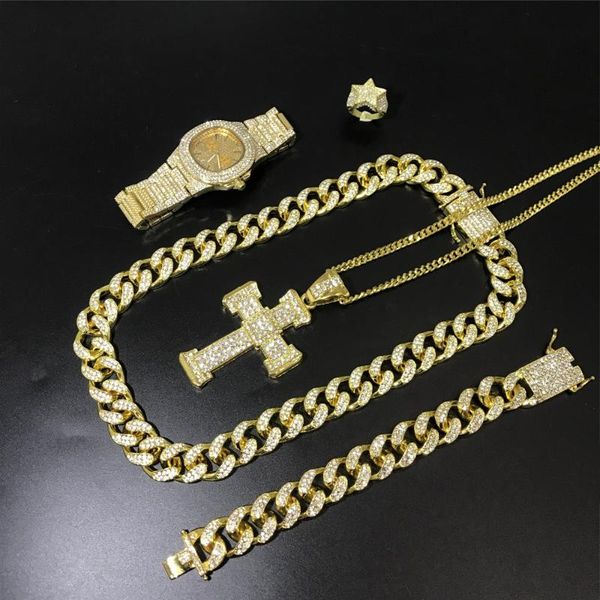 

hip hop men cuban necklace men gold watch & necklace & braclete ring combo set out cuban chain for, Silver