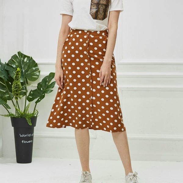 

Februaryfrost 2020Vintage Polka Dot Print Skirt for Women Korea Fashion Ladies Midi Skirt Boho Pockets Button Skirts QJ26