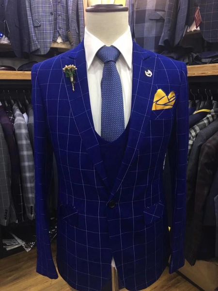 

royal blue plaid slim fit men suit 2019 new design wedding suits for men formal tuxedos groom party prom suits ternos 3 pieces, White;black