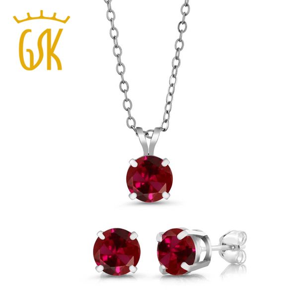 

gemstoneking 3.00 ct round 6mm red created ruby fine jewelry 925 sterling silver pendant stud earrings set for women, Black