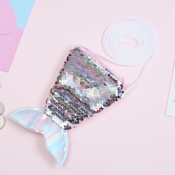 

2019 new sequins coin purse lanyard coin bag small wallet children diagonal small bag fish tail two-color sequins purse women