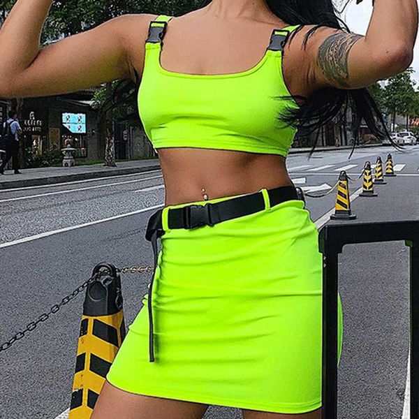

bonjean summer women suit clothing set sleeveless green tank and skirt two piece set for female fashion outfits bj2223, White