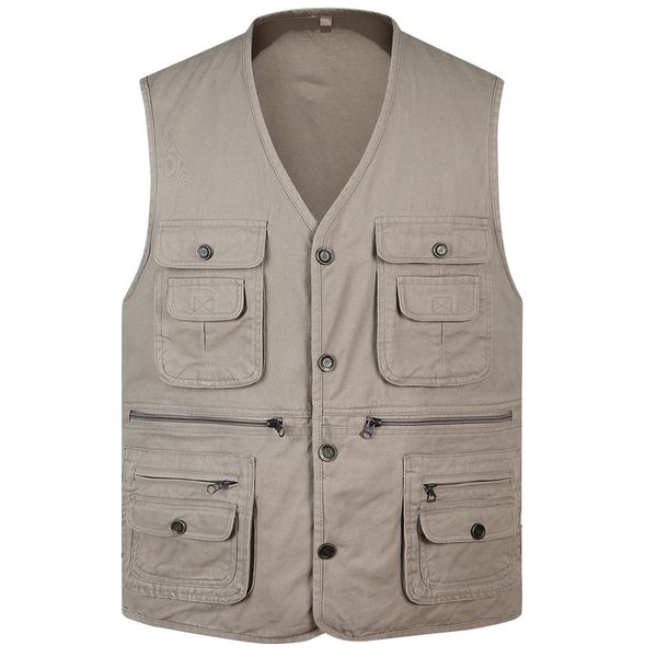 

2019 men casual sleeveless pgraph vest mens multi pocket spring autumn pure cotton v-collar loose waistcoat 5xl plus size, Black;white