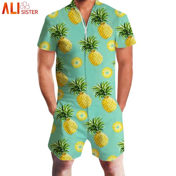 

alisister pineapple lemon print 3d rompers men short sleeve funny jumpsuit playsuit harem cargo overalls summer one piece, Gray