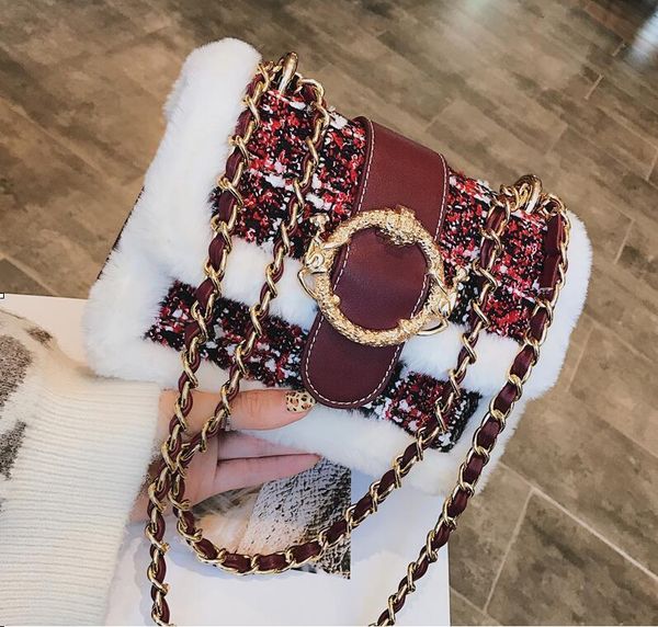 

furry bag winter wool lattice bag female 2020 new plush small square chain wild woolen shoulder shoulder messenger