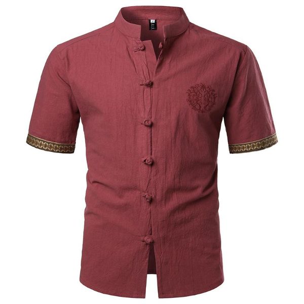 

chinese style cotton linen shirts men summer short sleeve embroidery tangsuit stand collar mens floral shirt chemise 5xl, White;black