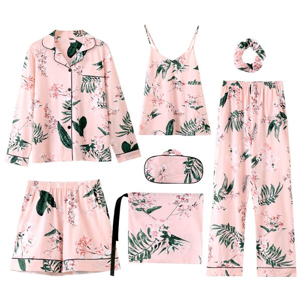 

2019 spring summer 7 pieces set sleepwear cotton elegant women pajamas full shorts long sleeve pink pajama set silk lounge robe, Blue;gray