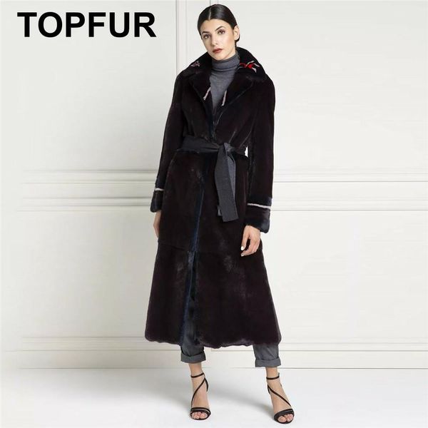 

ur real fur coat women natural coat with belt black jacket women genuine leather lapel collar plus size winter
