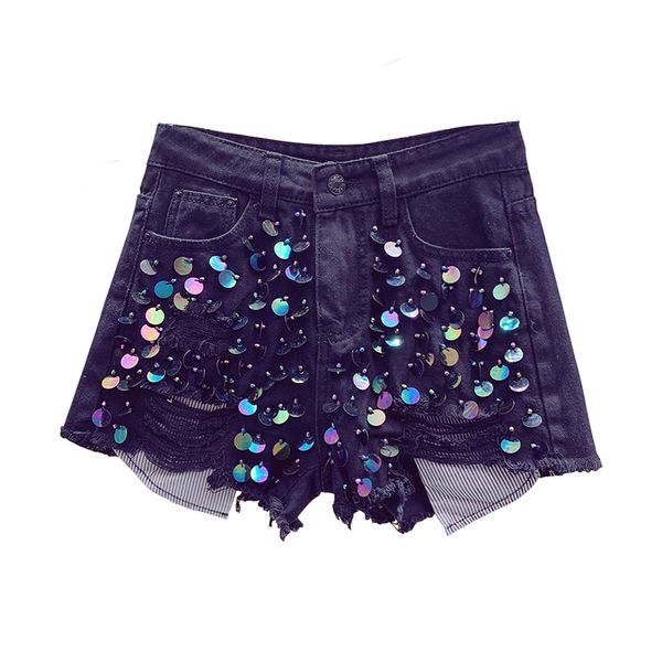

ripped denim shorts women's summer new european style beaded sequined three-dimensional flowers fashion fur trim jean shorts, Blue