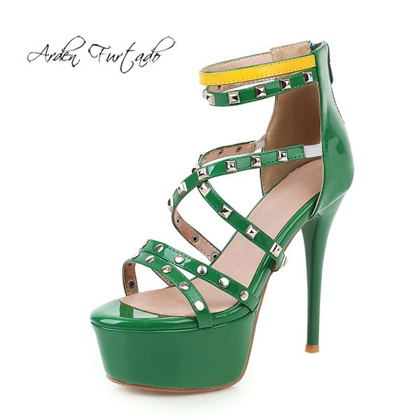 

arden furtado 2020 summer fashion women's shoes platform stilettos heels party shoes rivets back zipper green sandals 44 45, Black