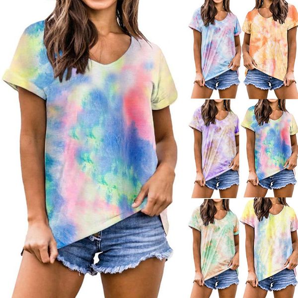 

women's t-shirt female v-neck t-shirts fashion tie dye pattern casual loose wear women summer short sleeve tees pullover femme, White