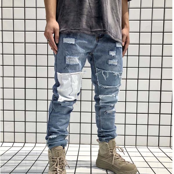 

mcikkny men ripped pleated jeans pants patchwork washed denim trousers for male hip hop size 30-36, Blue